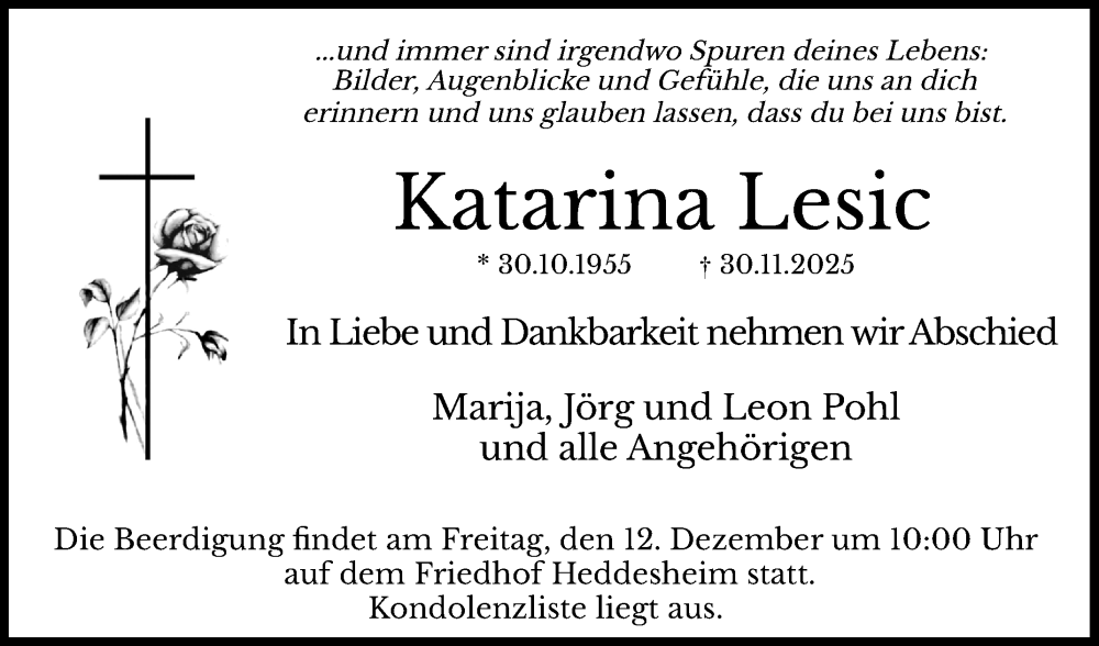  Traueranzeige für Katarina Lesic vom 06.12.2025 aus Mannheimer Morgen