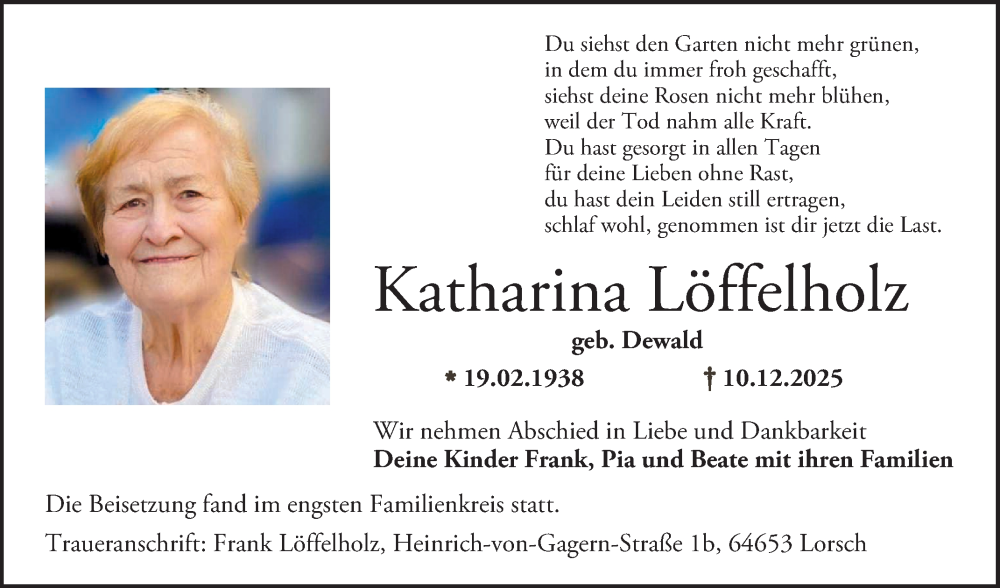  Traueranzeige für Katharina Löffelholz vom 20.12.2025 aus Bergsträßer Anzeiger