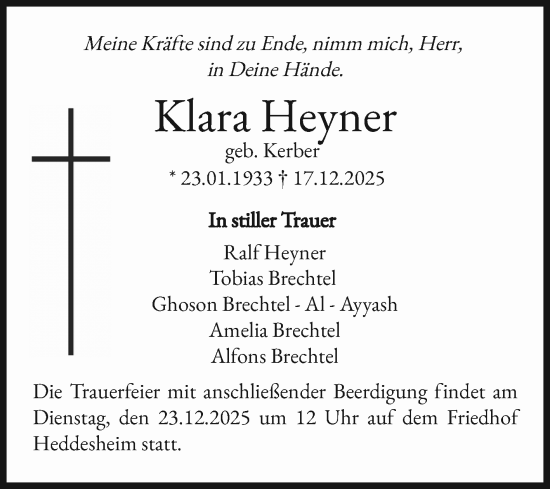 Traueranzeige von Klara Heyner von Mannheimer Morgen