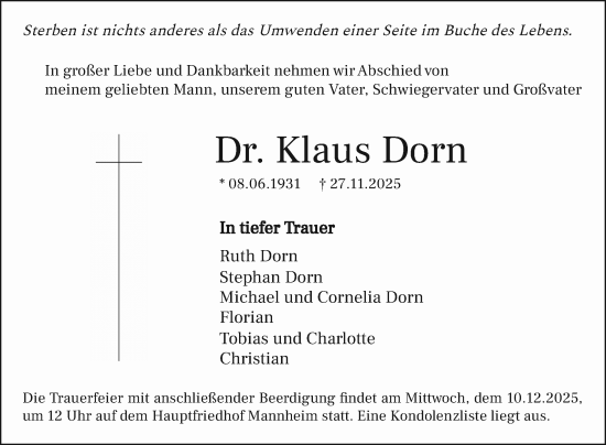 Traueranzeige von Klaus Dorn von Mannheimer Morgen