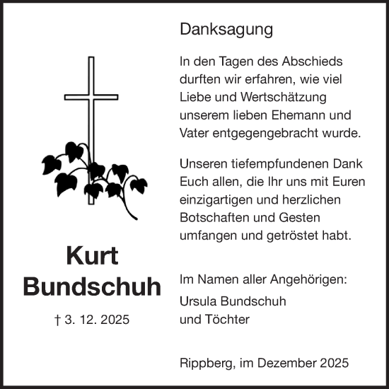 Traueranzeige von Kurt Bundschuh von Fränkische Nachrichten