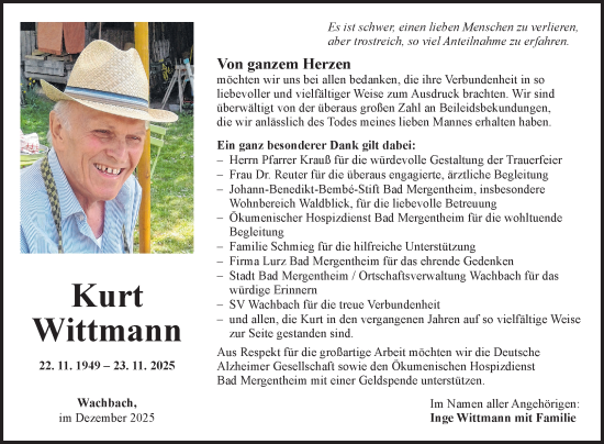 Traueranzeige von Kurt Wittmann von Fränkische Nachrichten