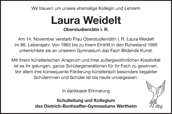 Traueranzeige von Laura Weidelt von Fränkische Nachrichten