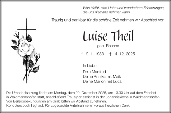 Traueranzeige von Luise Theil von Fränkische Nachrichten