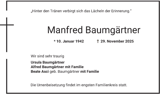 Traueranzeige von Manfred Baumgärtner von Bergsträßer Anzeiger