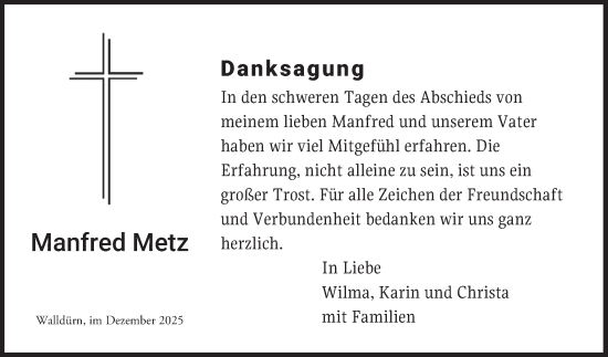 Traueranzeige von Manfred Metz von Fränkische Nachrichten