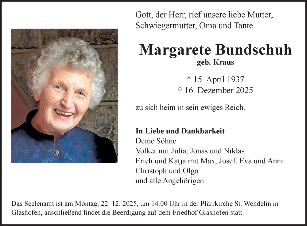  Traueranzeige für Margarete Bundschuh vom 20.12.2025 aus Fränkische Nachrichten