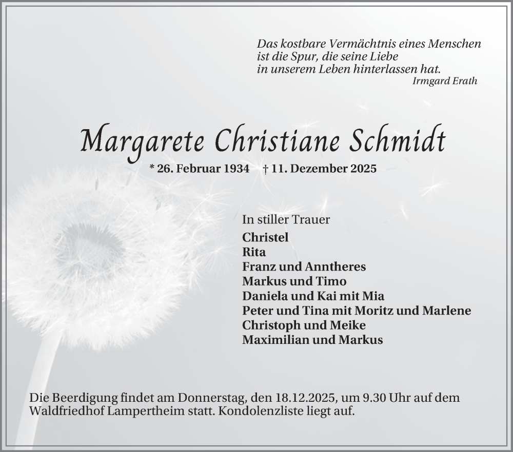  Traueranzeige für Margarete Christiane Schmidt vom 16.12.2025 aus Mannheimer Morgen