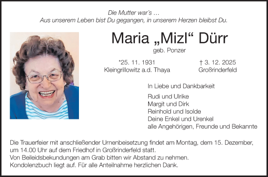 Traueranzeige von Maria Dürr von Fränkische Nachrichten