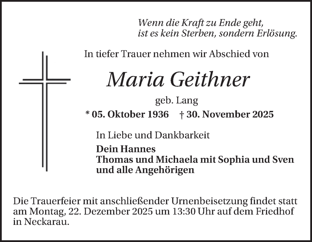  Traueranzeige für Maria Geithner vom 13.12.2025 aus Mannheimer Morgen