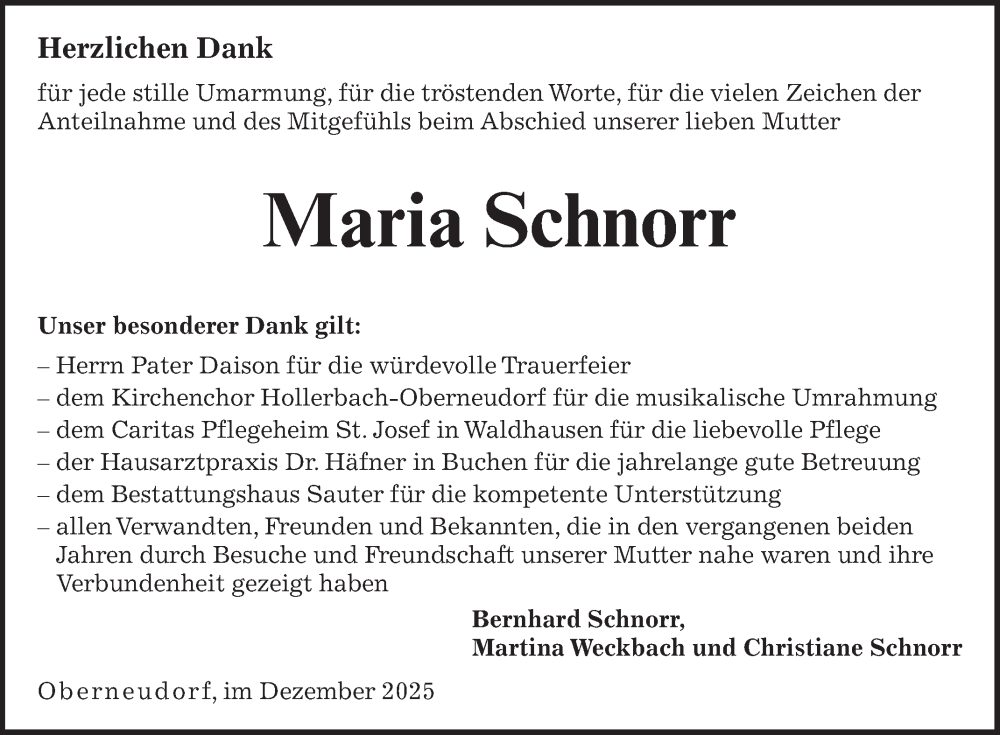  Traueranzeige für Maria Schnorr vom 13.12.2025 aus Fränkische Nachrichten