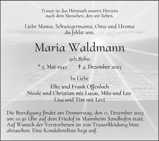Traueranzeige von Maria Waldmann von Mannheimer Morgen