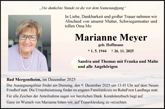 Traueranzeige von Marianne Meyer von Fränkische Nachrichten