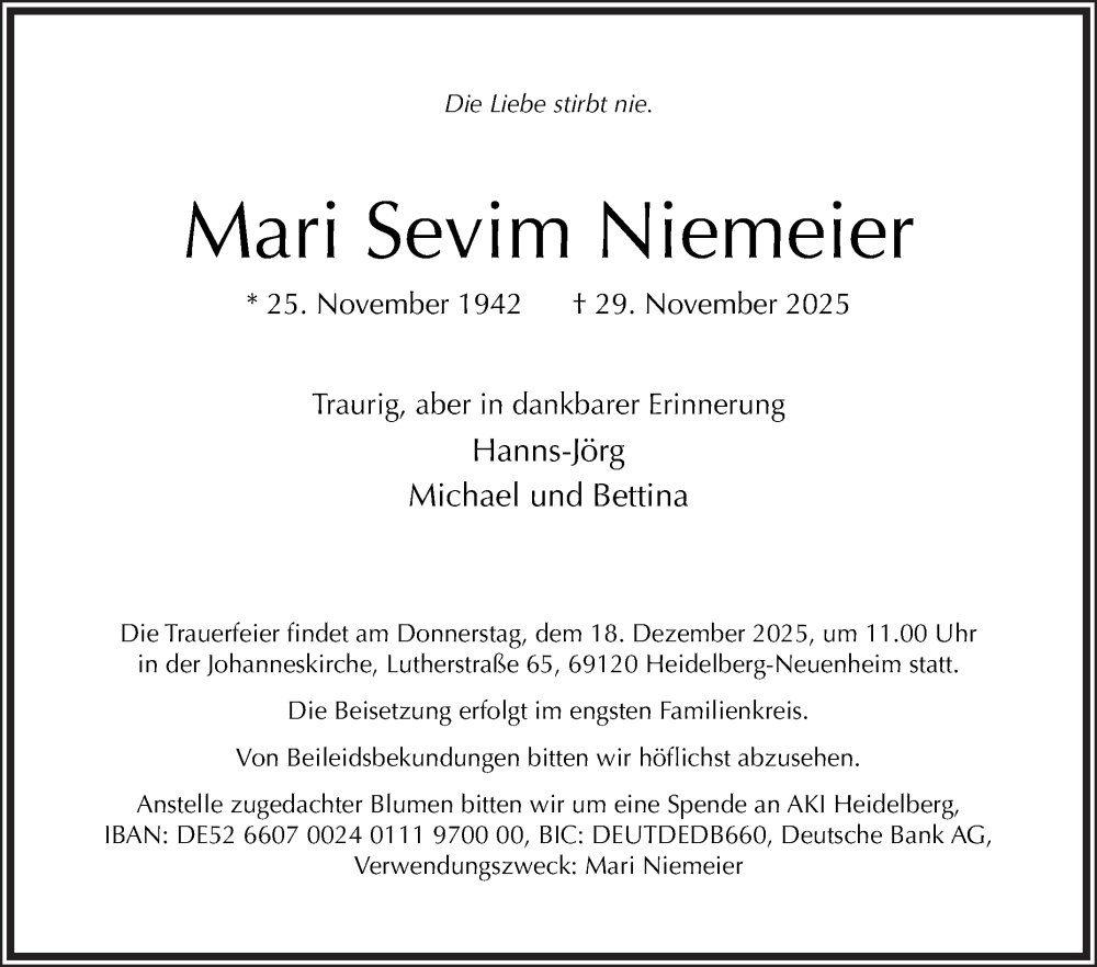  Traueranzeige für Mari Sevim Niemeier vom 13.12.2025 aus Mannheimer Morgen
