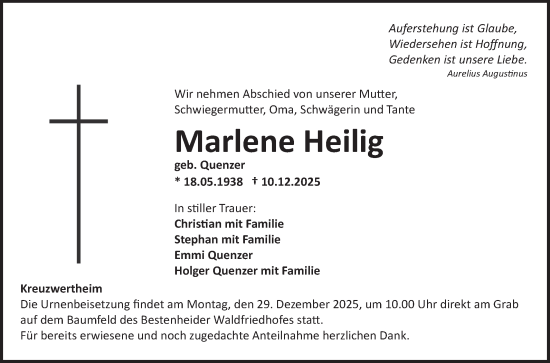 Traueranzeige von Marlene Heilig von Fränkische Nachrichten