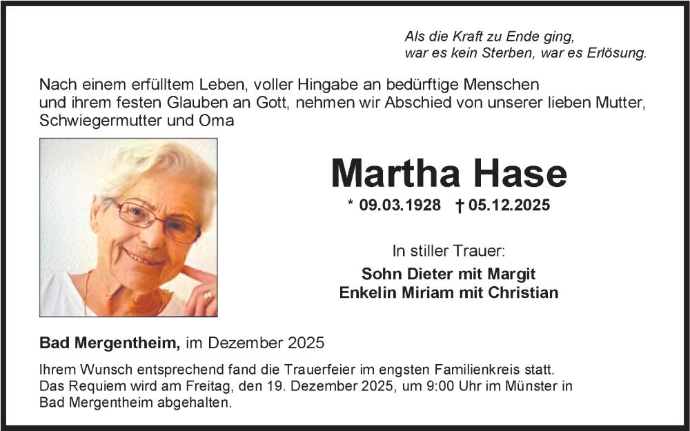  Traueranzeige für Martha Hase vom 16.12.2025 aus Fränkische Nachrichten