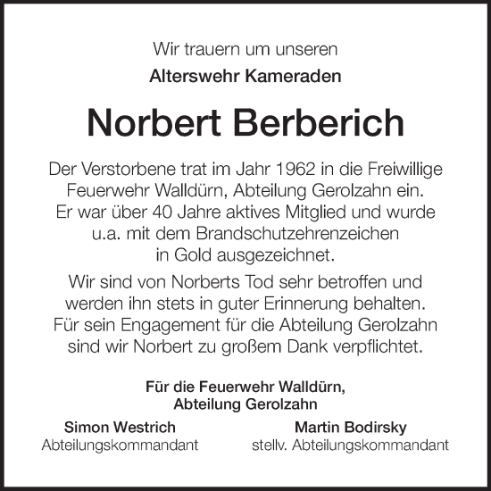 Traueranzeige von Norbert Berberich von Fränkische Nachrichten