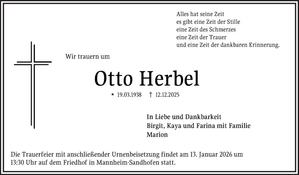  Traueranzeige für Otto Herbel vom 27.12.2025 aus Mannheimer Morgen