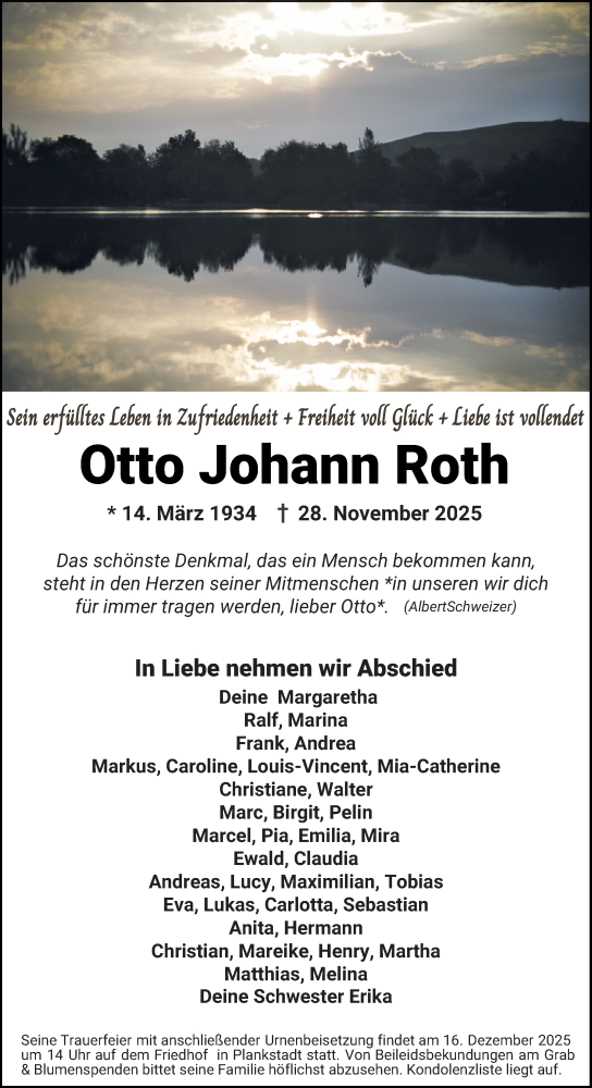  Traueranzeige für Otto Johann Roth vom 12.12.2025 aus Schwetzinger Zeitung