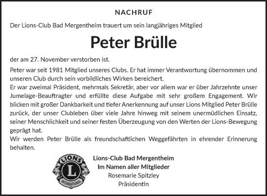 Traueranzeige von Peter Brülle von Fränkische Nachrichten