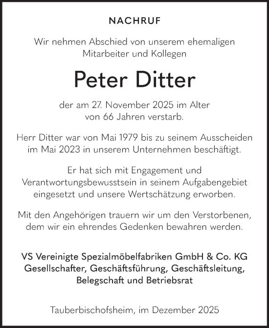Traueranzeige von Peter Ditter von Fränkische Nachrichten