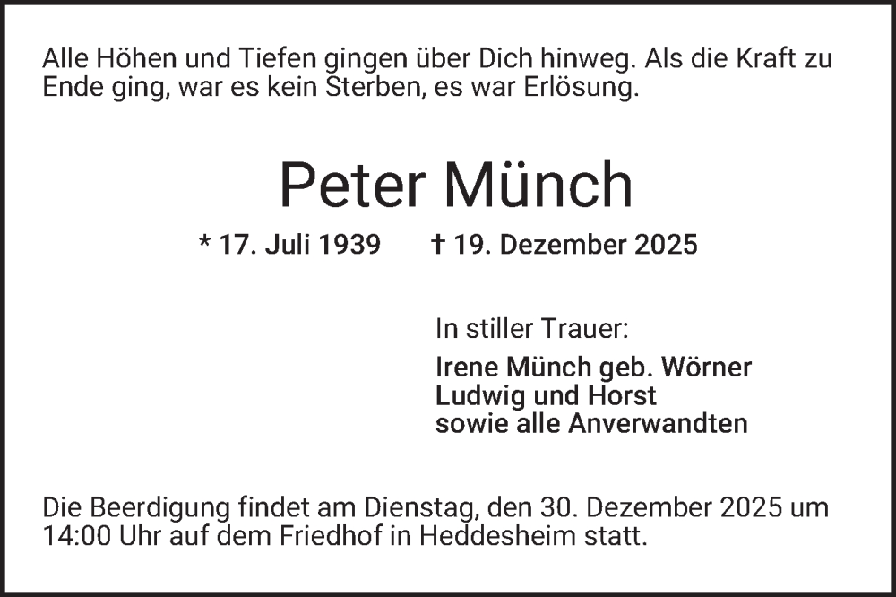  Traueranzeige für Peter Münch vom 27.12.2025 aus Mannheimer Morgen