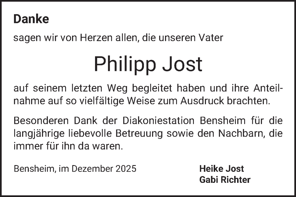  Traueranzeige für Philipp Jost vom 13.12.2025 aus Bergsträßer Anzeiger