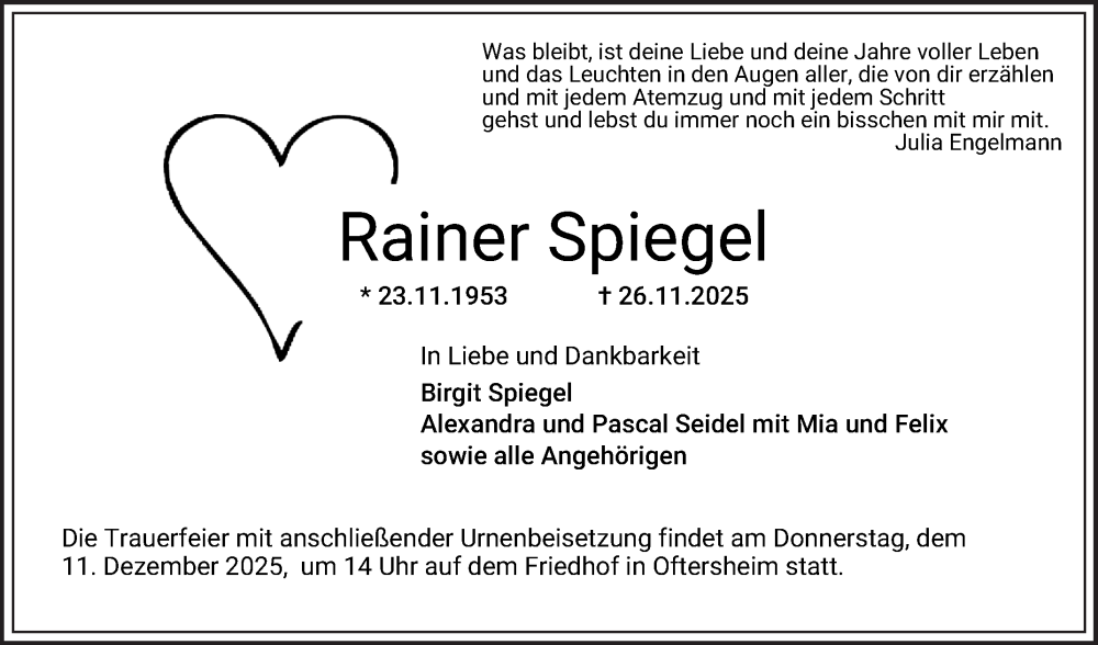  Traueranzeige für Rainer Spiegel vom 06.12.2025 aus Mannheimer Morgen