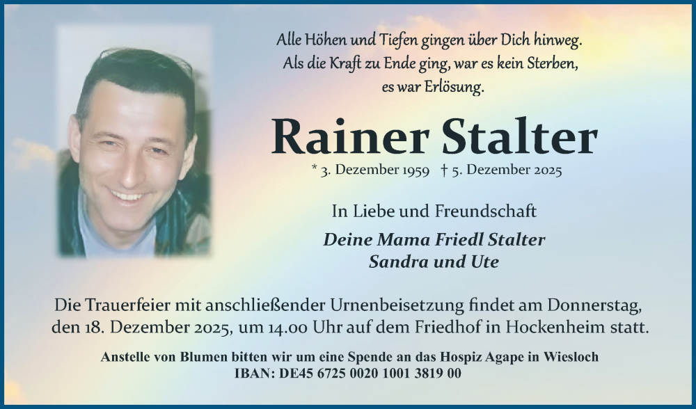 Traueranzeige für Rainer Stalter vom 13.12.2025 aus Schwetzinger Zeitung