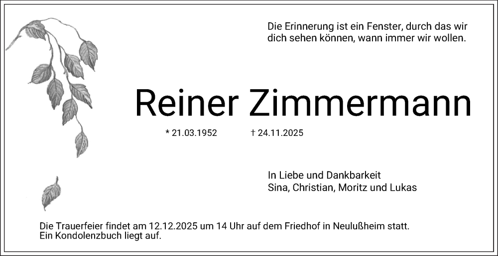  Traueranzeige für Reiner Zimmermann vom 06.12.2025 aus Schwetzinger Zeitung