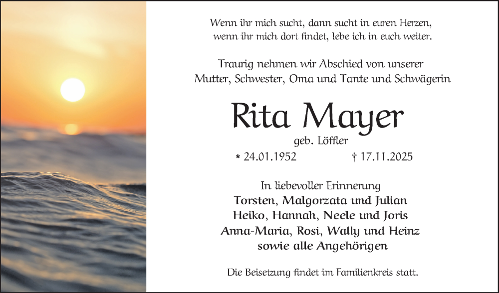  Traueranzeige für Rita Mayer vom 06.12.2025 aus Bergsträßer Anzeiger