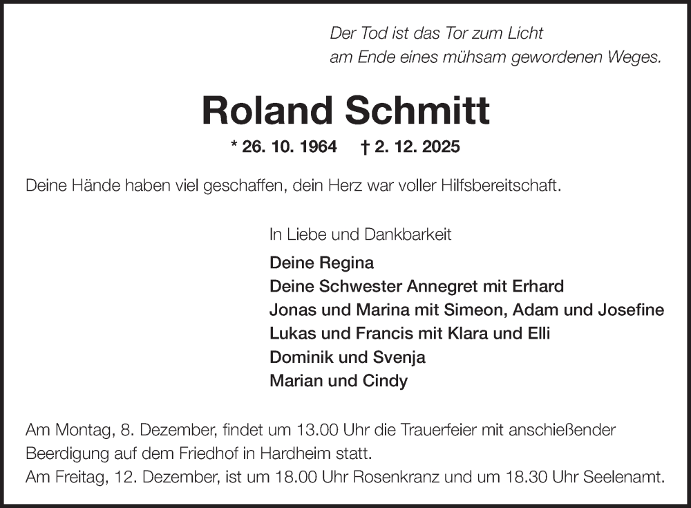  Traueranzeige für Roland Schmitt vom 05.12.2025 aus Fränkische Nachrichten