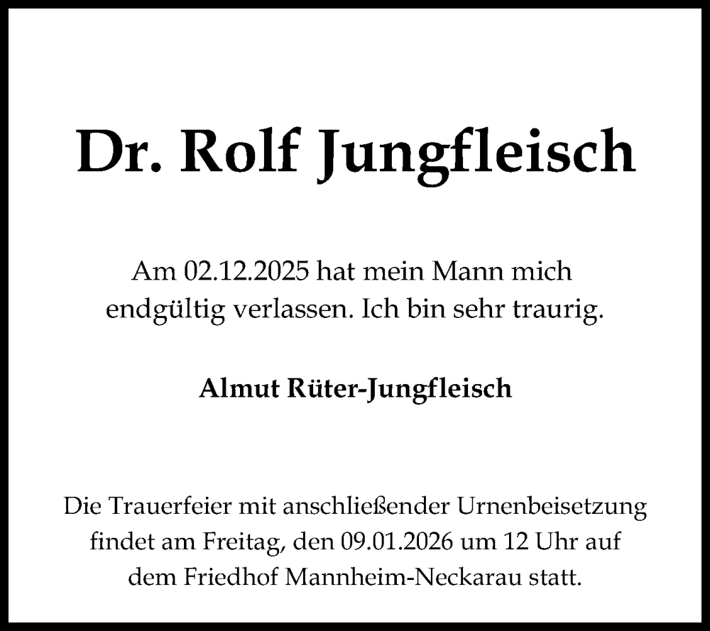  Traueranzeige für Rolf Jungfleisch vom 13.12.2025 aus Mannheimer Morgen
