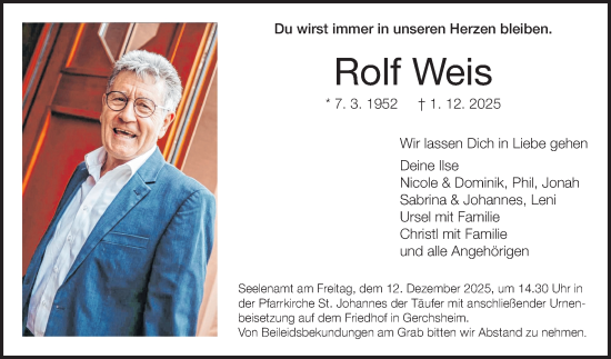 Traueranzeige von Rolf Weis von Fränkische Nachrichten