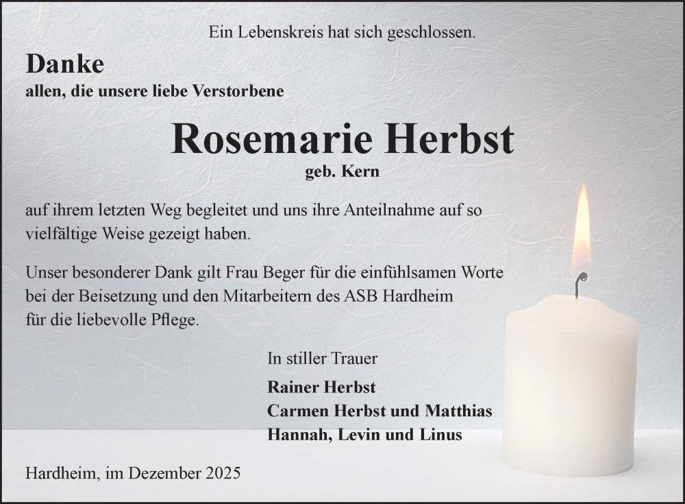  Traueranzeige für Rosemarie Herbst vom 13.12.2025 aus Fränkische Nachrichten