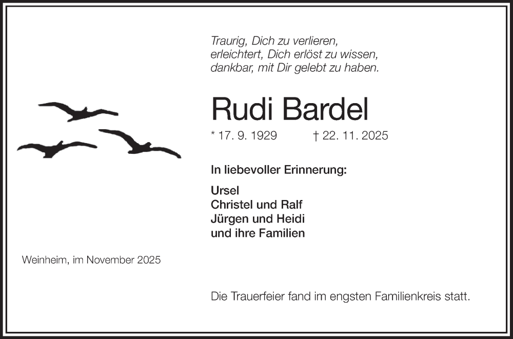  Traueranzeige für Rudi Bardel vom 06.12.2025 aus Bergsträßer Anzeiger