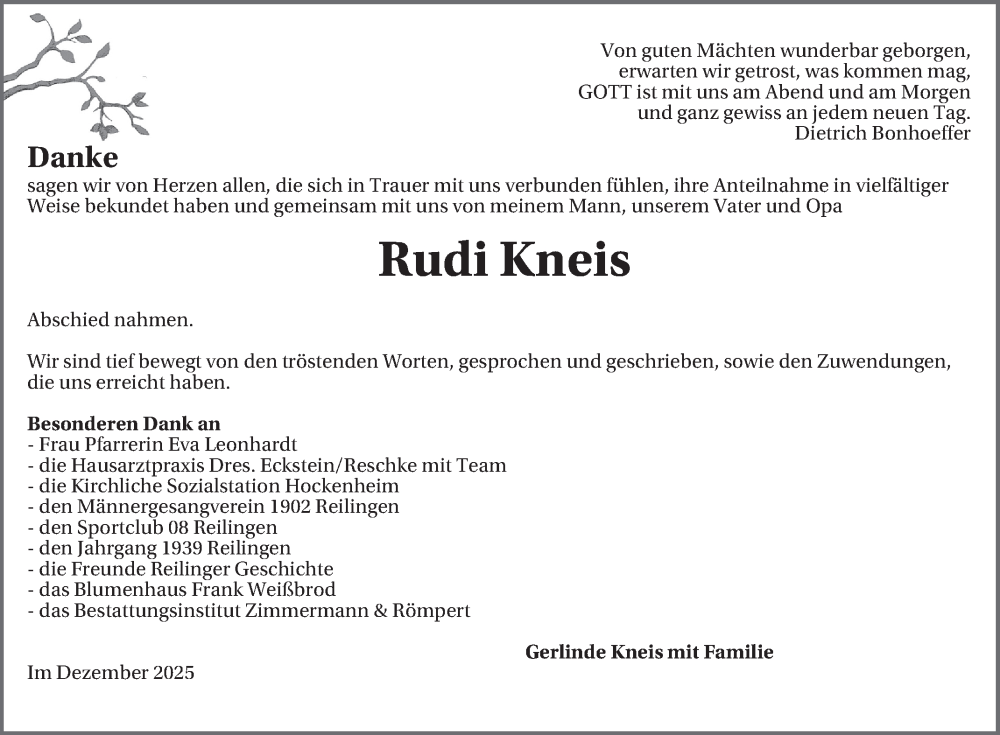  Traueranzeige für Rudi Kneis vom 20.12.2025 aus Schwetzinger Zeitung