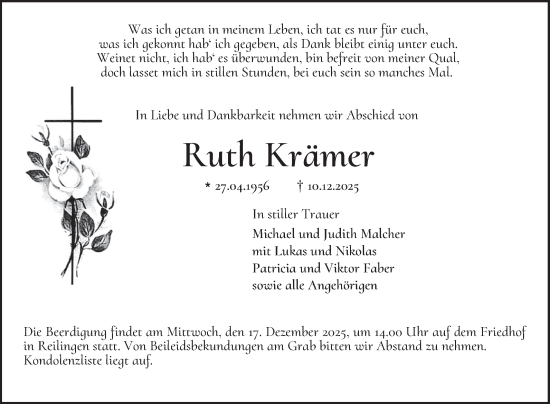 Traueranzeige von Ruth Krämer von Schwetzinger Zeitung