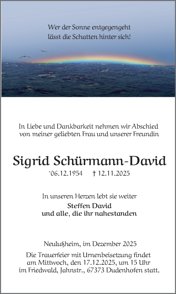  Traueranzeige für Sigrid Schürmann-David vom 13.12.2025 aus Schwetzinger Zeitung