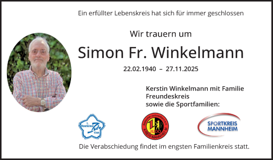 Traueranzeige von Simon Fr. Winkelmann von Mannheimer Morgen