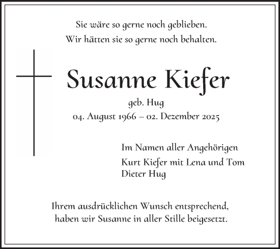 Traueranzeige von Susanne Kiefer von Schwetzinger Zeitung
