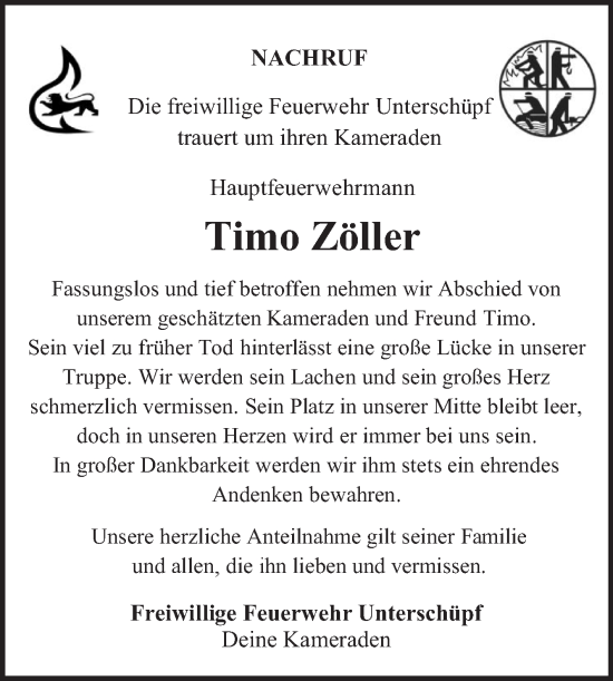 Traueranzeige von Timo Zöller von Fränkische Nachrichten