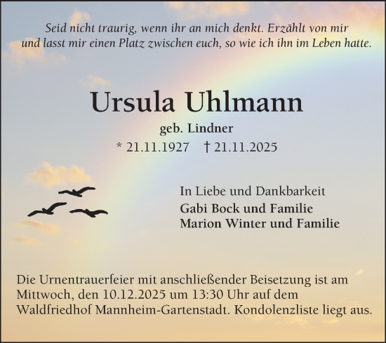 Traueranzeige von Ursula Uhlmann von Mannheimer Morgen