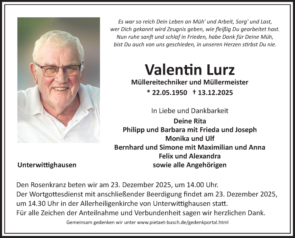  Traueranzeige für Valentin Lurz vom 20.12.2025 aus Fränkische Nachrichten