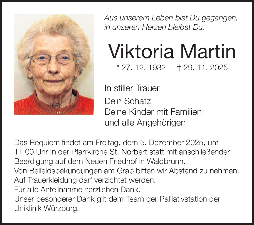  Traueranzeige für Viktoria Martin vom 03.12.2025 aus Fränkische Nachrichten