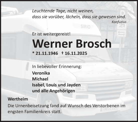 Traueranzeige von Werner Brosch von Fränkische Nachrichten