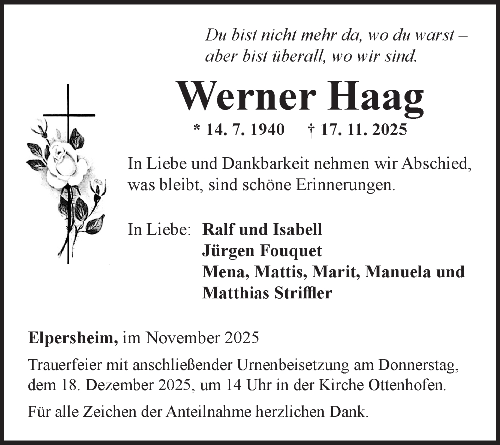  Traueranzeige für Werner Haag vom 13.12.2025 aus Fränkische Nachrichten