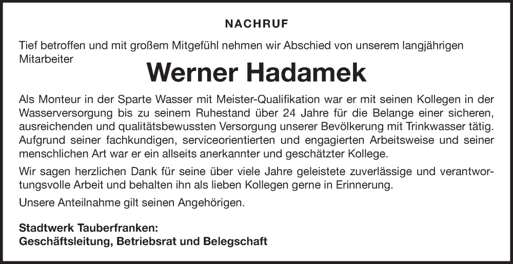  Traueranzeige für Werner Hadamek vom 18.12.2025 aus Fränkische Nachrichten