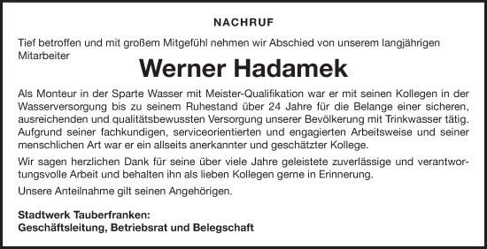 Traueranzeige von Werner Hadamek von Fränkische Nachrichten
