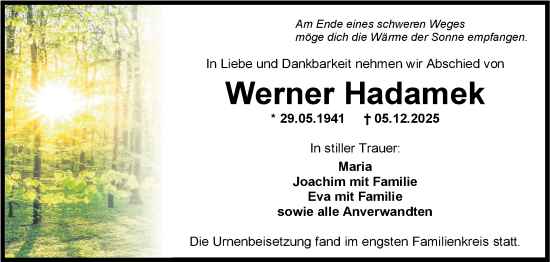 Traueranzeige von Werner Hadamek von Fränkische Nachrichten